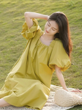Simple Puffy Short Sleeves Green A-Line Square Neckline Women Dress HZ1024