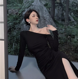 Vintage Elegant Asymmetric Design A-Line Split Long-sleeved Dress HZ1024