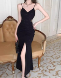 Vintage Elegant Black V-neck Black Design A-Line Sleeveless Strap Dress HZ1024