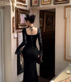 Vintage Fashion Black Square Collar Design Black A-Line Mermaid Long-sleeved Dress HZ1024
