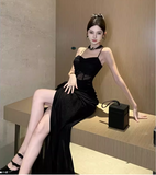 Vintage Split Design Black A-Line Women Spaghetti Strap Dress HZ1024