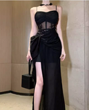 Vintage Split Design Black A-Line Women Spaghetti Strap Dress HZ1024