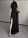Simple Elegant Split Design Black A-Line Women Halter Dress HZ1024