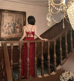 Vintage Sequins Design Wine Red A-Line Long Spaghetti Strap Dress HZ1024