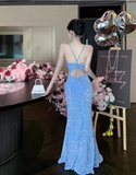 Vintage Sequins Design Wine Red A-Line Long Spaghetti Strap Dress HZ1024