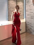 Simple Wine Red Rose Design Split Dress Long A-line Halter Dress HZ1024