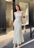 Simple White Three-dimensional Rose Embroidery Design Mermaid Sleeveless Spaghetti Strap Dress HZ1024