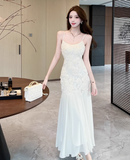 Simple White Three-dimensional Rose Embroidery Design Mermaid Sleeveless Spaghetti Strap Dress HZ1024