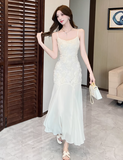Simple White Three-dimensional Rose Embroidery Design Mermaid Sleeveless Spaghetti Strap Dress HZ1024