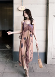Vintage Irregular Ruffled Hem Fashion Splicing Design A-line Long Spaghetti Strap Dress HZ1024