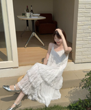 Simple Fashion White V-neck Design Lace A-line Spaghetti Strap Tiered Dress HZ1024