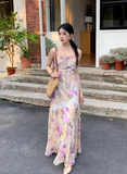 Retro Fashion Purple Flora Design Beach Holiday A-line Spaghetti Strap Dress HZ1024