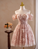 Elegant Pink 3D Flowers Beaded Design Off-the-shoulder Short Homecoming Dress HZ1024