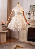 Charming Champagne Lace-edge Off-the-shoulder Design Mesh Tiered Homecoming Dress HZ1024