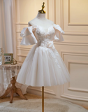 Vintage Beige 3D Flowers Beaded Design Elegant Mesh Off-the-shoulder Sleeves Homecoming Dress HZ1024