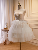 Vintage Beige 3D Flowers Beaded Design Elegant Mesh Sleeveless Strapless Homecoming Dress HZ1024