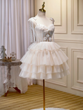 Charming Beige Lace Ribbon Design Elegant Mesh Sleeveless Strapless Homecoming Dress HZ1024