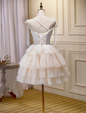 Charming Beige Lace Ribbon Design Elegant Mesh Sleeveless Strapless Homecoming Dress HZ1024