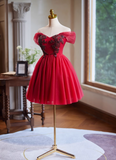 Charming Wine Red Beaded Design Elegant Mesh Off-the-shoulder Sleeves Strapless Homecoming Dress HZ1024