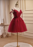 New Fashion Wine Red Lace Design Elegant Mesh Spaghetti Strap Homecoming Dress HZ1024