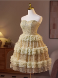 Vintage Sequined Design Elegant Mesh Sleeveless Strapless Tiered Homecoming Dress HZ1024