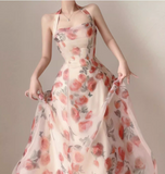 Vintage Pink Floral Design A-line Sleeveless Beach Holiday Halter Dress HZ1024