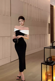 Vintage Black & White Combination Design A-line Off-the-shoulder Women Dress HZ1024
