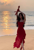 Vintage Red 3D Flower Irregular Hem Design Chiffon A-line Spaghetti Strap Dress HZ1024