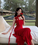Vintage Red 3D Flower Irregular Hem Design Chiffon A-line Spaghetti Strap Dress HZ1024