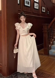 Sweet Apricot V-neck Waist-exposing Design A-line Cute Sleeve Women Dress HZ1024