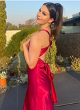Elegant Satin Prom Dress Sheath Evening Gown Long Party Dress High Slit Formal Dress HZ1024