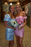 Vintage Pink Off-the-shoulder Homecoming Dress Satin Sheath Party Dress Short Cocktail Dress HZ1024