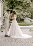 Elegant White Applique Straps A-Line Tulle Trailing Long Wedding Dress HZ1024