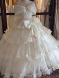 Gorgeous Ivory Applique Beaded Off-the-shoulder Sweet 16 Quinceanera A-Line Tulle Evening Dress Ball Gown HZ1024