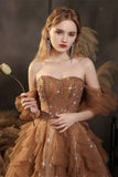 Elegant Champagne Sweetheart Shiny Sequin Ruffle Design A-Line Chiffon Tulle Evening Dress Prom Dress HZ1024