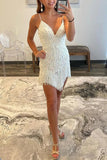 Vintage White Sequined V-Neck Tassel Design Elegant Spaghetti Strap Homecoming Dress HZ1024