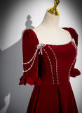 Wine Red A-line Velvet Long Bridesmaid Dress, Wine Red Long Prom Dress HZ1024