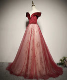 Red Off Shoulder Tulle A-line Long Formal Dress, Red Tulle Prom Dress HZ1024