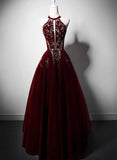 Beautiful Wine Red Velvet Long Evening Dress, Beaded Wine Red Party Dress Formal Dress HZ1024