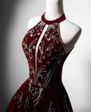 Beautiful Wine Red Velvet Long Evening Dress, Beaded Wine Red Party Dress Formal Dress HZ1024