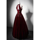 Beautiful Wine Red Velvet Long Evening Dress, Beaded Wine Red Party Dress Formal Dress HZ1024