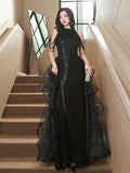 A-line Sequins with Tulle Wine Red Long Party Dress, Wine Red Halter Prom Dress HZ1024
