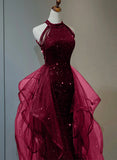 A-line Sequins with Tulle Wine Red Long Party Dress, Wine Red Halter Prom Dress HZ1024