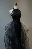 A-line Sequins with Tulle Wine Red Long Party Dress, Wine Red Halter Prom Dress HZ1024