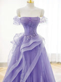 Purple A-line Tulle Off Shoulder Long Prom Dress, Purple Lace Evening Dress HZ1024