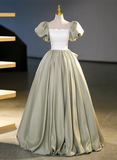 Green Short Sleeves Ball Gown Satin Long Sweetheart Dress, Green Long Formal Dress HZ1024