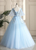 Light Blue Ball Gown V-neckline Puffy Sleeves Party Dress, Light Blue Sweetheart 16 Dress HZ1024