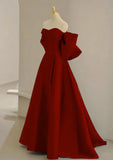 Cute Wine Red Satin Off Shoulder Long Party Dress with Bow, Wine Red Prom Dress HZ1024