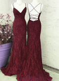 Green V-neckline Lace Cross Back Mermaid Party Dress, Green Long Evening Dress Prom Dress HZ1024