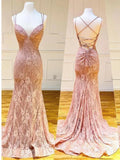 Green V-neckline Lace Cross Back Mermaid Party Dress, Green Long Evening Dress Prom Dress HZ1024